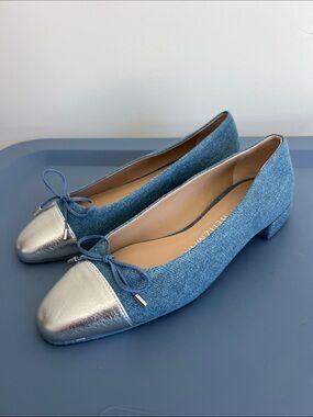 Stuart Weitzman sleek bow flat vintage washed denim jean silver metallic 6B